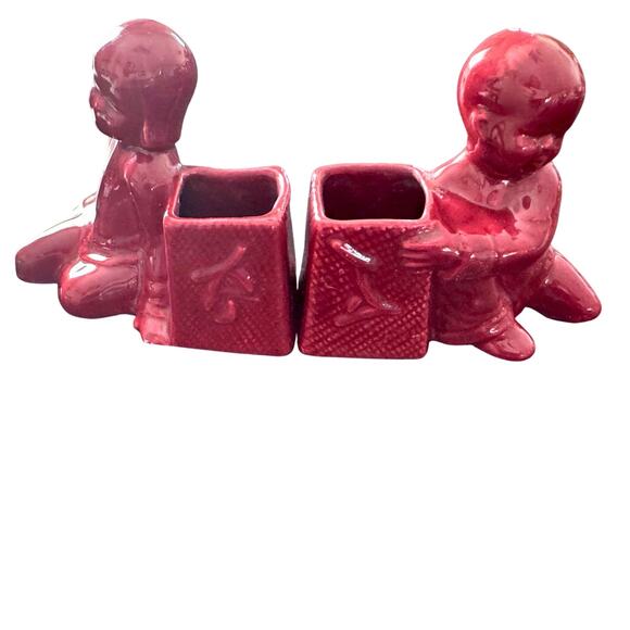 Vintage Red Glazed Ceramic Boy & Girl Planter Pair – Oriental Style Bookends - Picture 2 of 8